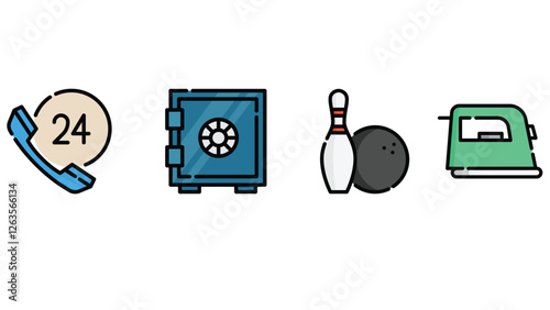 Hotel rooms and facilities vector art outline colored