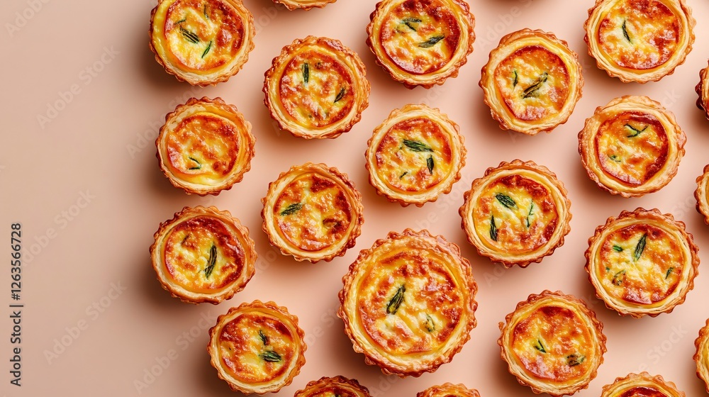A top-down symmetrical arrangement of multiple mini Easter quiches forming an intricate circular pattern on a neutral-toned background A top-down symmetrical arrangement of multiple mini Easter quiches forming an intricate circular pattern on a neutral-toned background