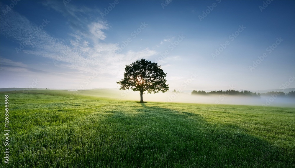 Realistic image of standalone tree on grassy field covered in mist with sun setting behind Realistic image of standalone tree on grassy field covered in mist with sun setting behind
