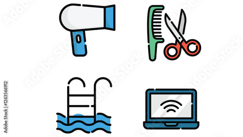 Hotel rooms and facilities vector art outline colored