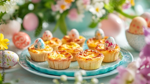 A vibrant Easter brunch setup featuring mini Easter quiches on a pastel-colored plate, with decorated eggs and fresh spring flowers in the background photo