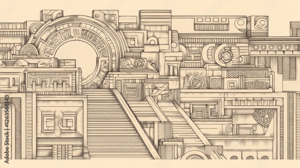 Fototapeta premium Abstract architectural drawing of a stylized Mayan-inspired city