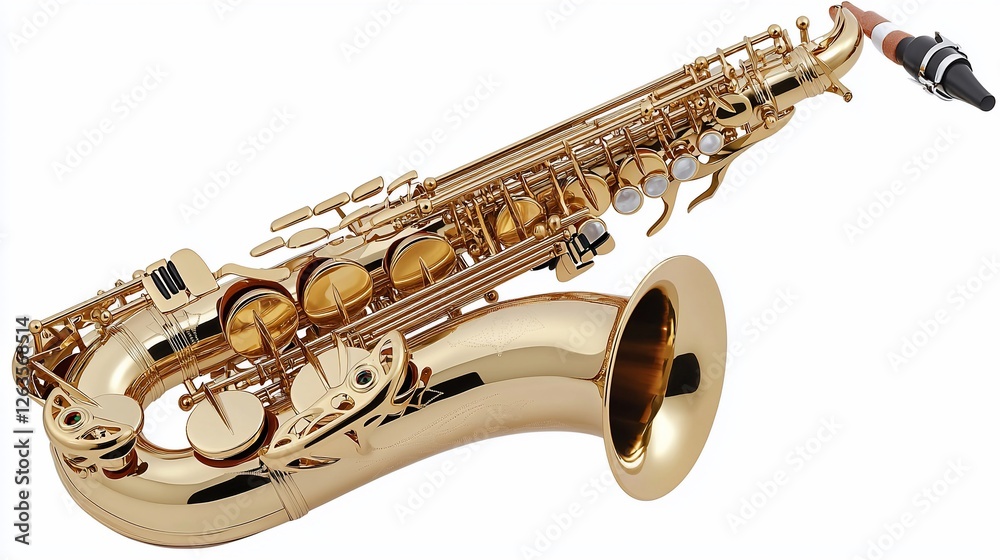 Obraz premium Gold alto saxophone, isolated, music instrument, white background, studio shot, jazz