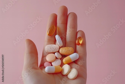 Close-up shot of a person's hand holding various tablets of dietary supplements against a soft pink background. The pills include zinc, antioxidants for aging, lecithin