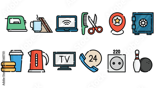 Hotel rooms and facilities vector art outline colored