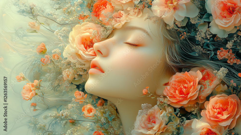 A dreamy portrait of a woman surrounded by soft, blooming flowers, symbolizing femininity, grace, and renewal. Perfect for Women's Day, beauty, and art projects A dreamy portrait of a woman surrounded by soft, blooming flowers, symbolizing femininity, grace, and renewal. Perfect for Women's Day, beauty, and art projects