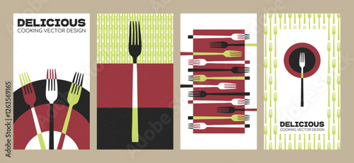 Restaurant menu template vector set, abstract color fork art, food colorful design