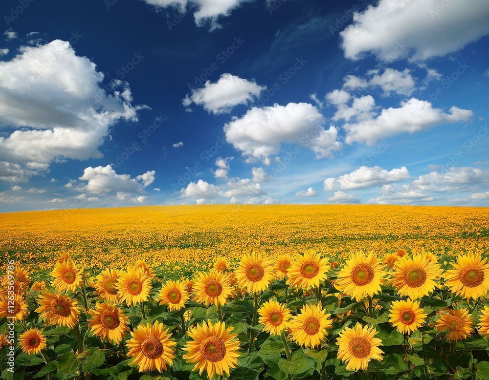 Fototapeta premium yellow flowers sunflowers on field on background blue sky with white clouds