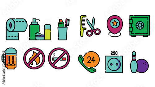 Hotel rooms and facilities vector art outline colored