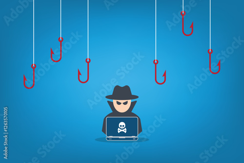 Hacker attack. Hackers and cybercriminals phishing, identity theft, user login, password, documents, email and credit card. Hacking and web security. Internet phishing concept. Vector illustration