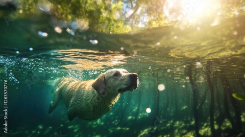 Labrador Retriever Swimming in a Serene Lake