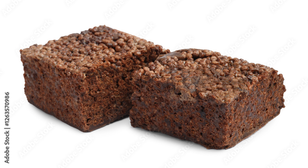 Delicious chocolate puffed rice bars isolated on white Delicious chocolate puffed rice bars isolated on white