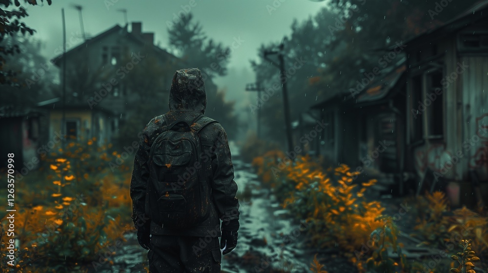 A lone figure in a hooded jacket walks down an overgrown alleyway on a rainy day A lone figure in a hooded jacket walks down an overgrown alleyway on a rainy day