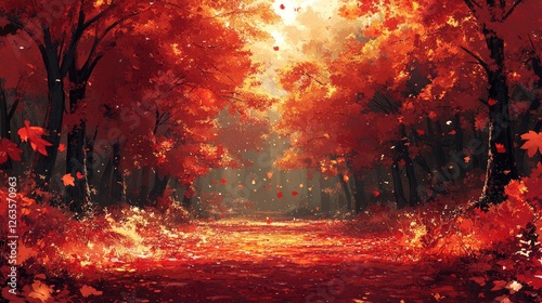 Autumn forest path, colorful leaves falling, beautiful scenery, digital art, nature photo