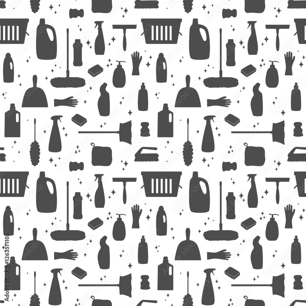 Obraz premium Cleaning supplies silhouette monochrome seamless Pattern. Household tools for home office cleaning. Black minimalist simple cleanup items Background. Template for package, wrapping, print, banner