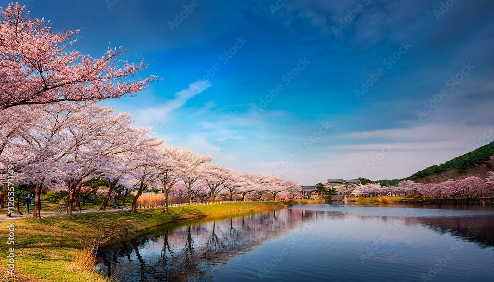 korea in spring and cherry blossom trees around yongbi lake in seosan south korea korea in spring and cherry blossom trees around yongbi lake in seosan south korea