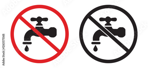 Not to drink water. Red prohibition sign. A water faucet, a glass of water. Prohibition symbol. Dangerous or harmful water. Vector illustration flat design. Isolated on white background.