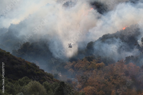 Palisades Wildfire Raging Through California’s Coastal Landscape – Thick Smoke and Scorched Terrain in Los Angeles Wildfire Disaster photo