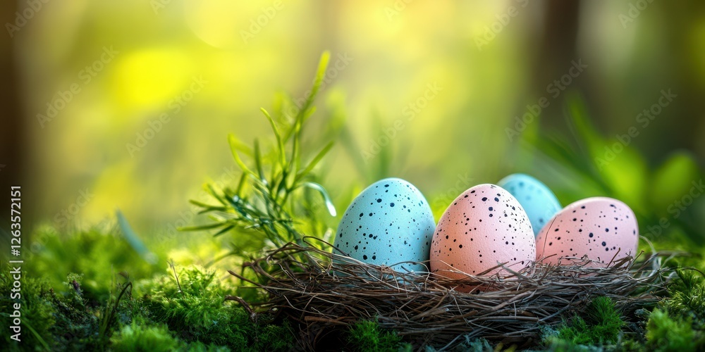 Colorful speckled eggs nestled in a natural nest on a sunny spring day in a lush forest setting Colorful speckled eggs nestled in a natural nest on a sunny spring day in a lush forest setting