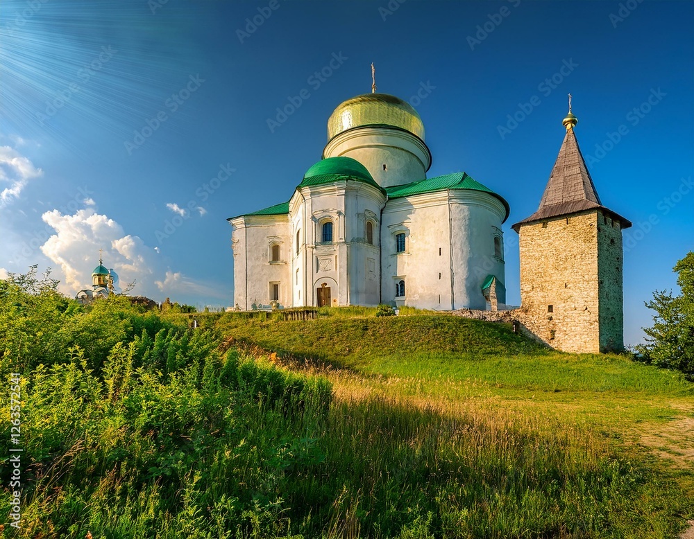 ancient ostroh castle with its round tower stands on a green hill alongside golden domed orthodox church the historic fortress in rivne region ukraine basks in bright sunlight ancient ostroh castle with its round tower stands on a green hill alongside golden domed orthodox church the historic fortress in rivne region ukraine basks in bright sunlight