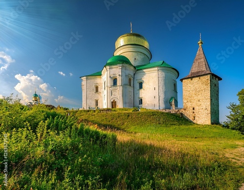 ancient ostroh castle with its round tower stands on a green hill alongside golden domed orthodox church the historic fortress in rivne region ukraine basks in bright sunlight photo