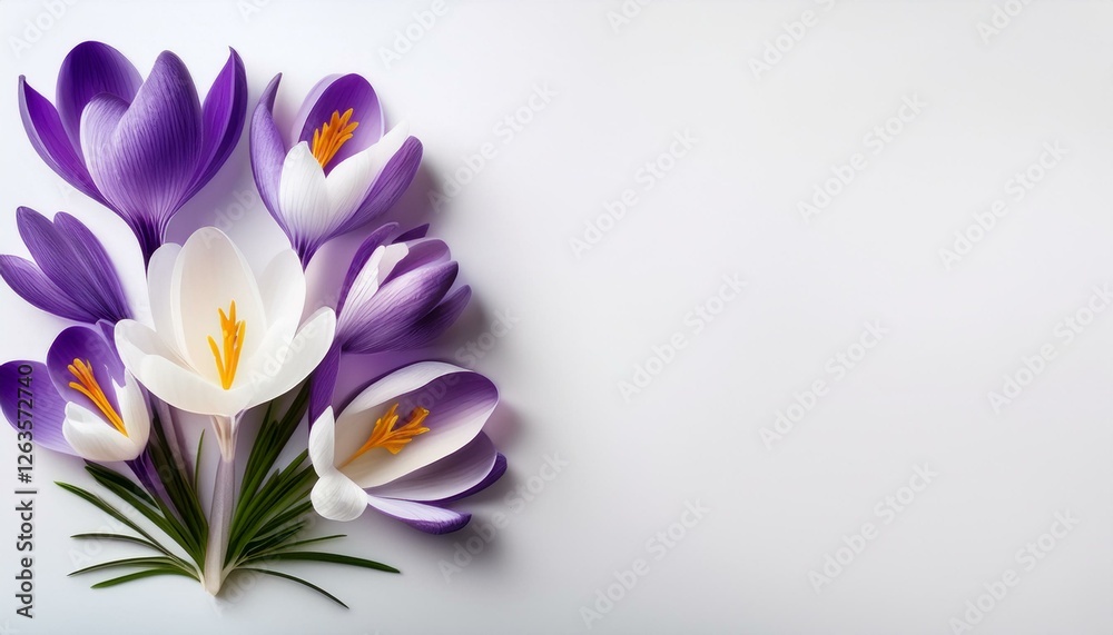 Naklejka premium violet and white flowers crocuses on a white background with space for text top view flat lay spring flowers