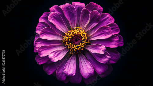 Photo of a purple zinnia flower with a yellow center
