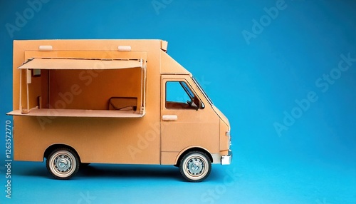 Cardboard food truck model against solid blue background showcasing creativity and craftsmanship