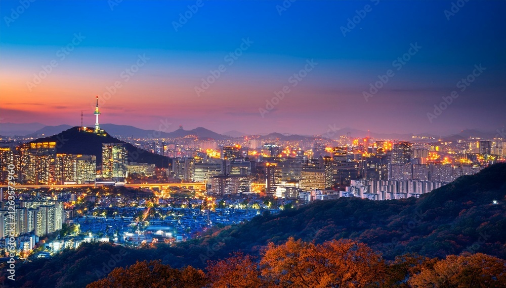 Obraz premium seoul city skyline and downtown and skyscraper at night is the best view and beautiful of south korea at namhansanseong mountain