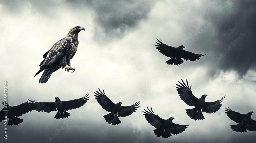 Fototapeta premium A bird flying with another bird on its arm and its wings spread wide open