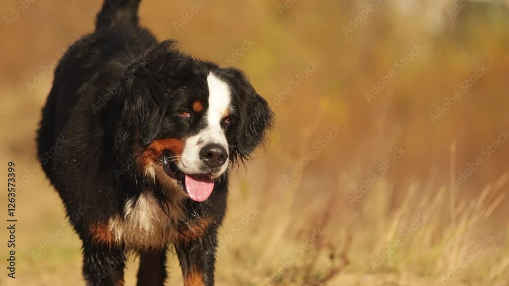 A funny dog runs towards the camera with its tongue hanging out. A bernese mountain dog dog with a funny face is running along a forest path in slow motion. Walking the dog in parks and nature. A funny dog runs towards the camera with its tongue hanging out. A bernese mountain dog dog with a funny face is running along a forest path in slow motion. Walking the dog in parks and nature.
