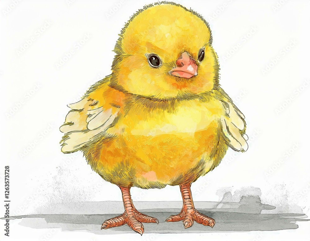 Obraz premium cute yellow chick standing on white background and looking curiously watercolor illustration