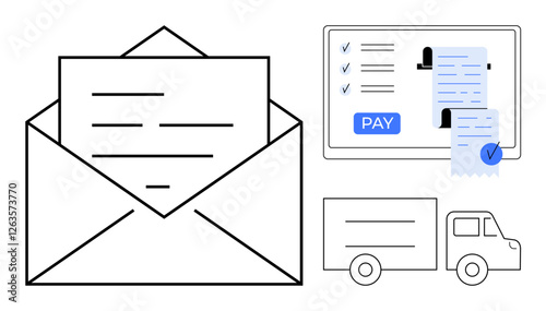 Envelope containing a letter, online payment invoice displayed on a computer screen with a PAY button, and a delivery truck. Ideal for communication, online transactions, invoice management, delivery