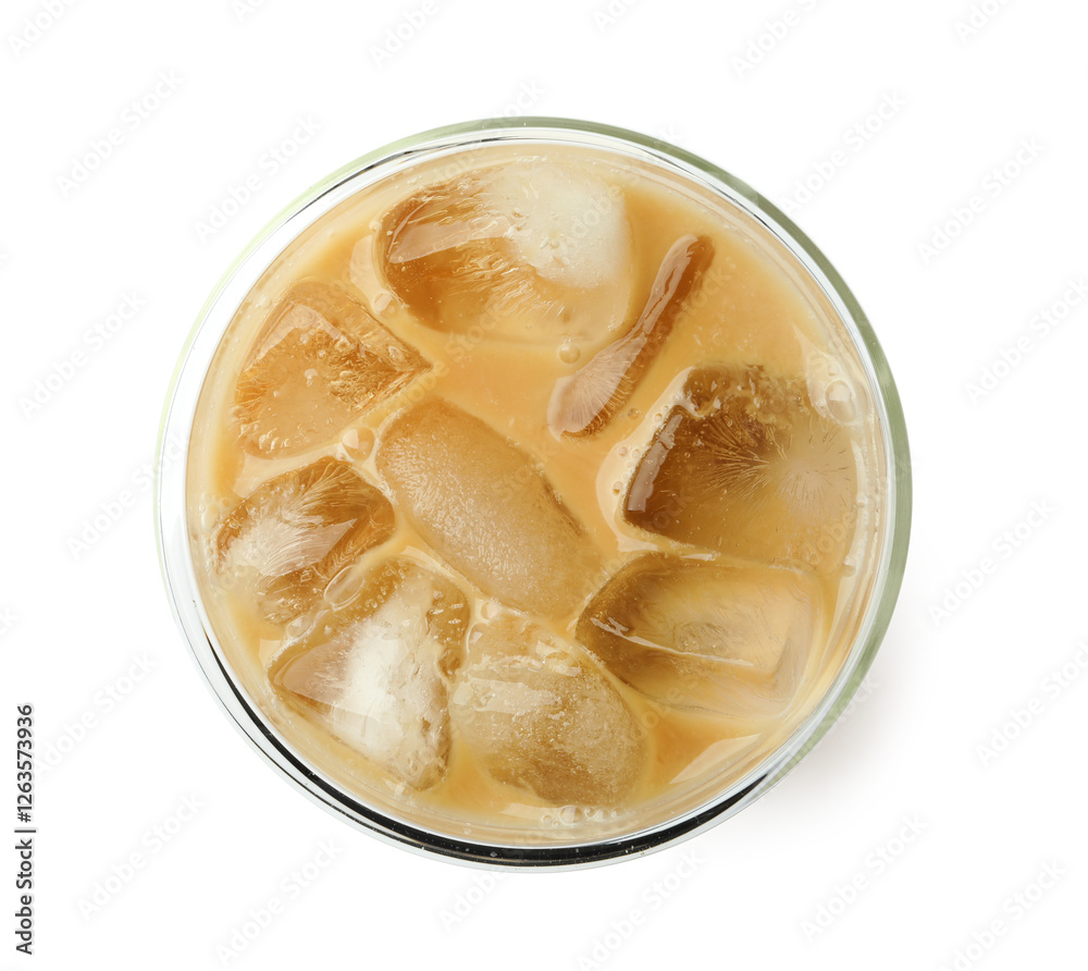 Refreshing iced coffee with milk in glass isolated on white, top view Refreshing iced coffee with milk in glass isolated on white, top view