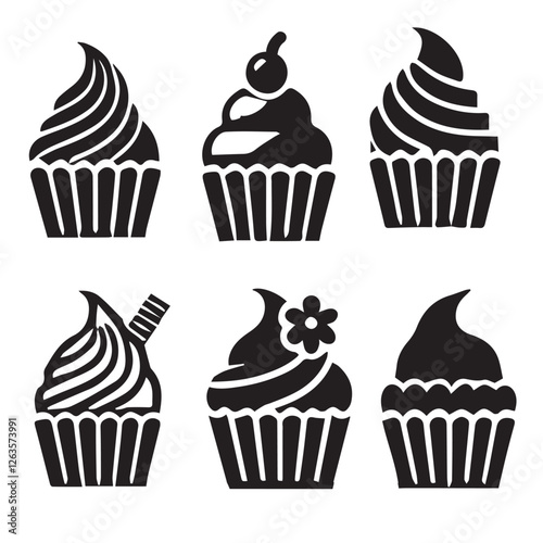 Black silhouette cupcake Icon, muffin logo, Vector set of cupcakes isolated on a white background.