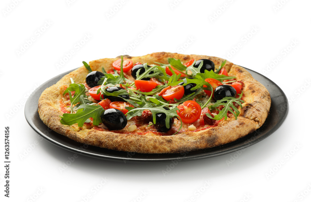Tasty pizza with olives, tomatoes and arugula isolated on white Tasty pizza with olives, tomatoes and arugula isolated on white