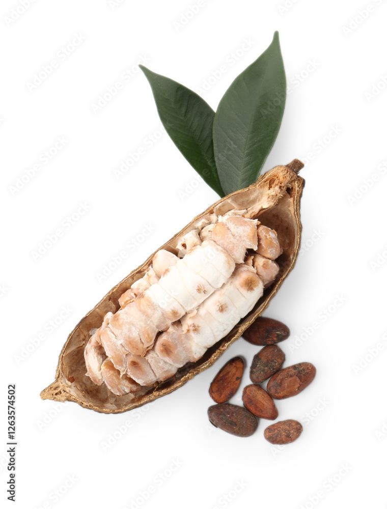 Cocoa pod with beans isolated on white, top view Cocoa pod with beans isolated on white, top view