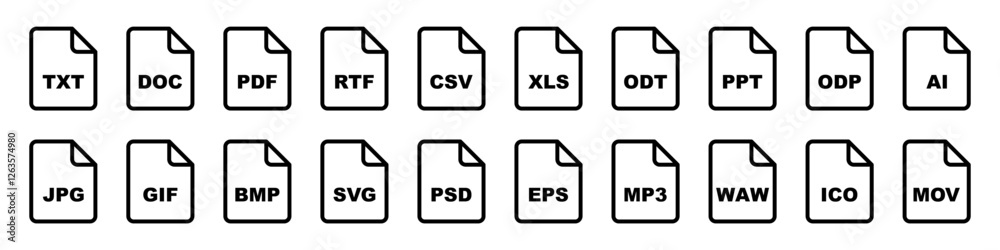 Black and white vector icons of various file formats, including text, image, audio, and document types.