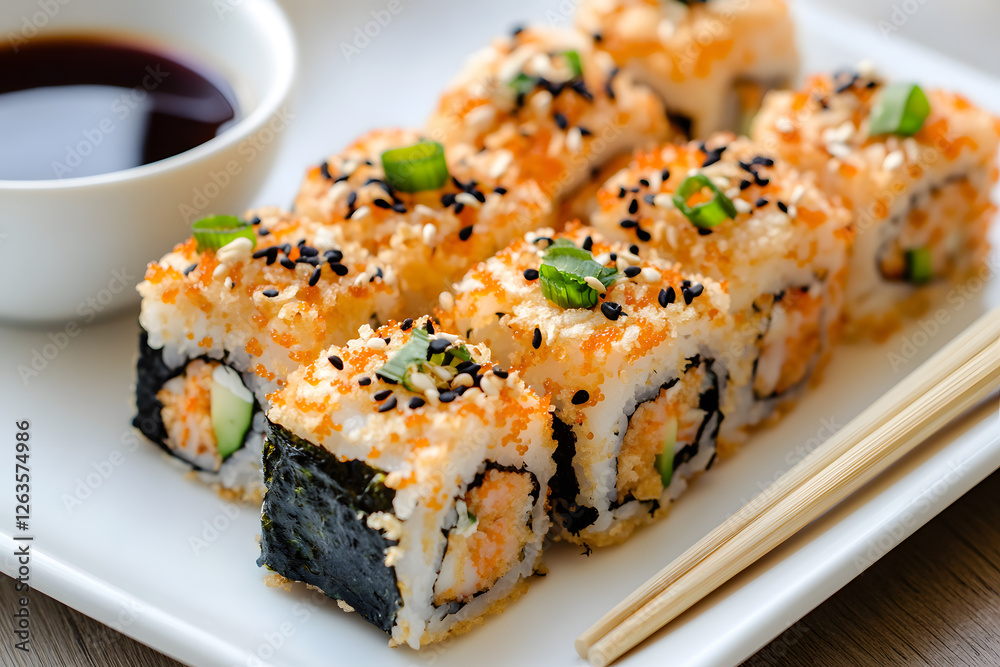Fresh sushi rolls with cucumber and sesame seeds served with soy sauce Fresh sushi rolls with cucumber and sesame seeds served with soy sauce