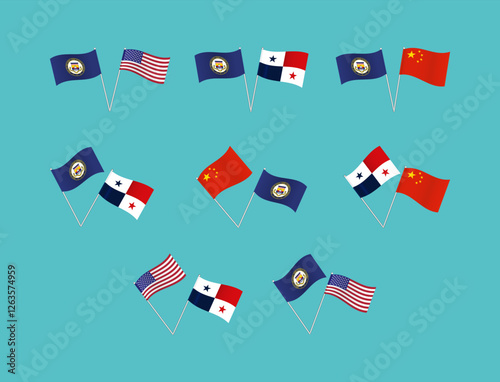 A set of flags of the USA, Panama, China and the Panama Canal Zone in different variations.
