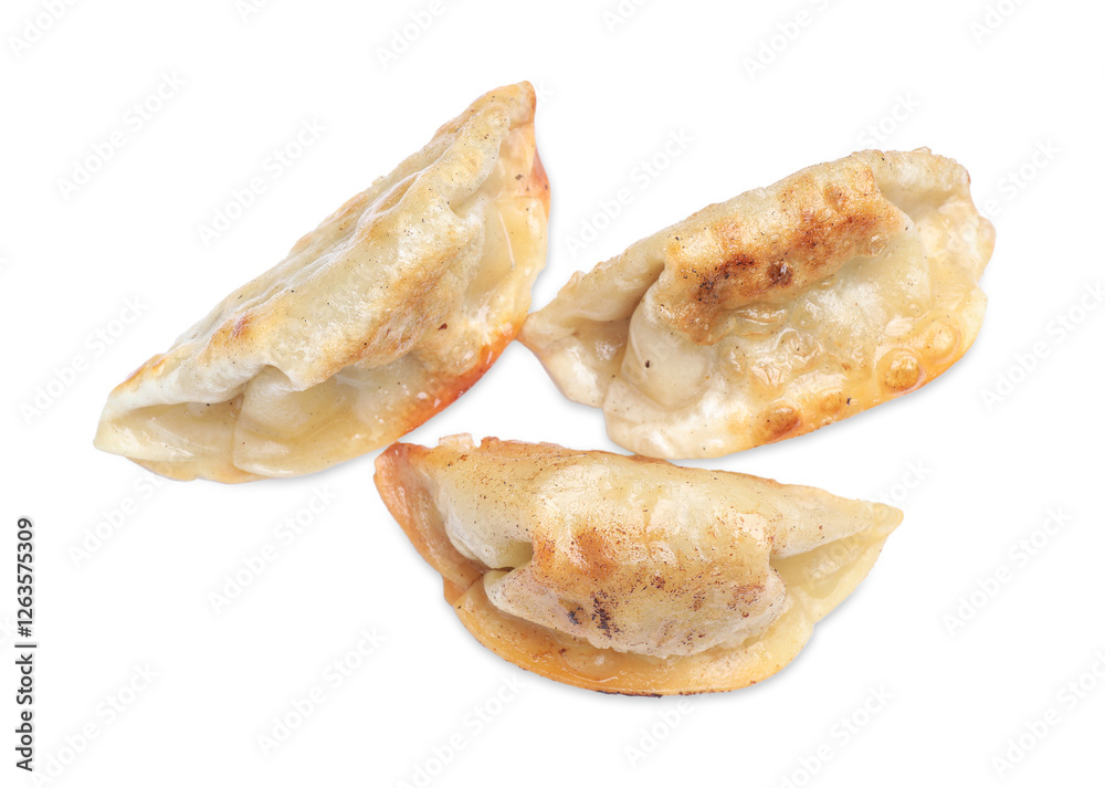 Delicious fried gyoza dumplings isolated on white, top view Delicious fried gyoza dumplings isolated on white, top view