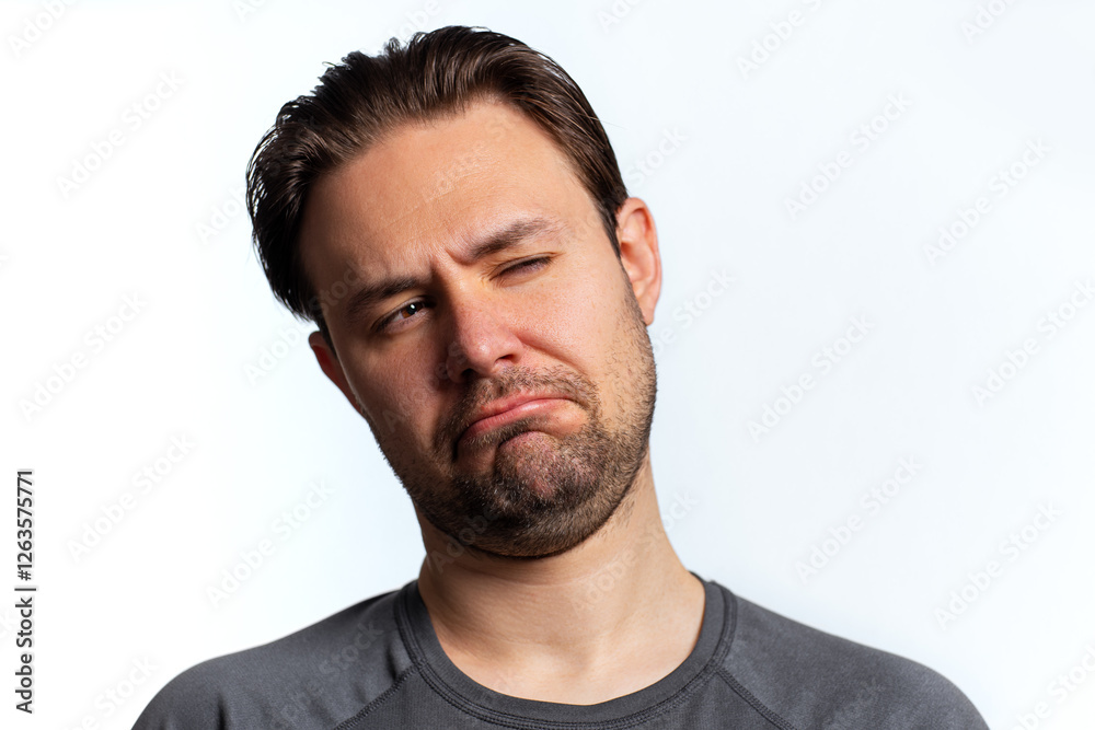 Man skeptical portrait isolated on white background Man skeptical portrait isolated on white background