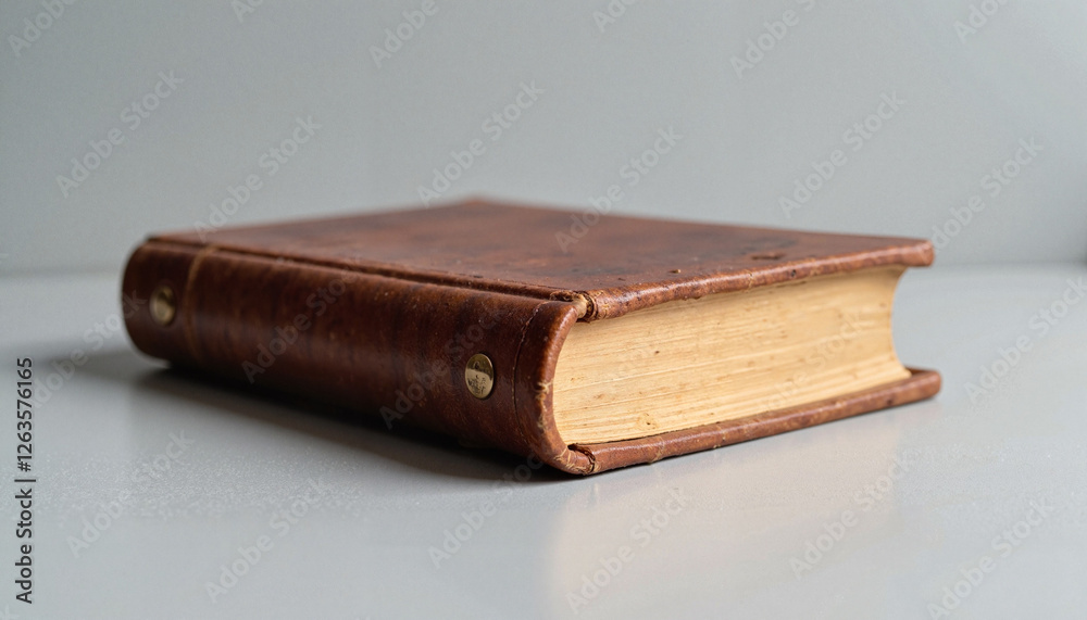Old leather-bound book on gray background Old leather-bound book on gray background