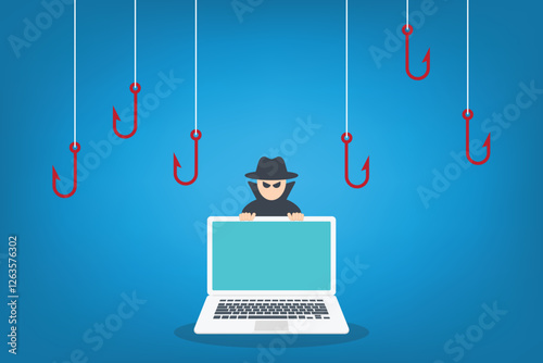 Hacker attack. Hackers and cybercriminals phishing, identity theft, user login, password, documents, email and credit card. Hacking and web security. Internet phishing concept. Vector illustration