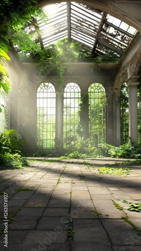 Overgrown greenhouse, sunlight, nature reclaiming.  Post-apocalyptic setting, video game background