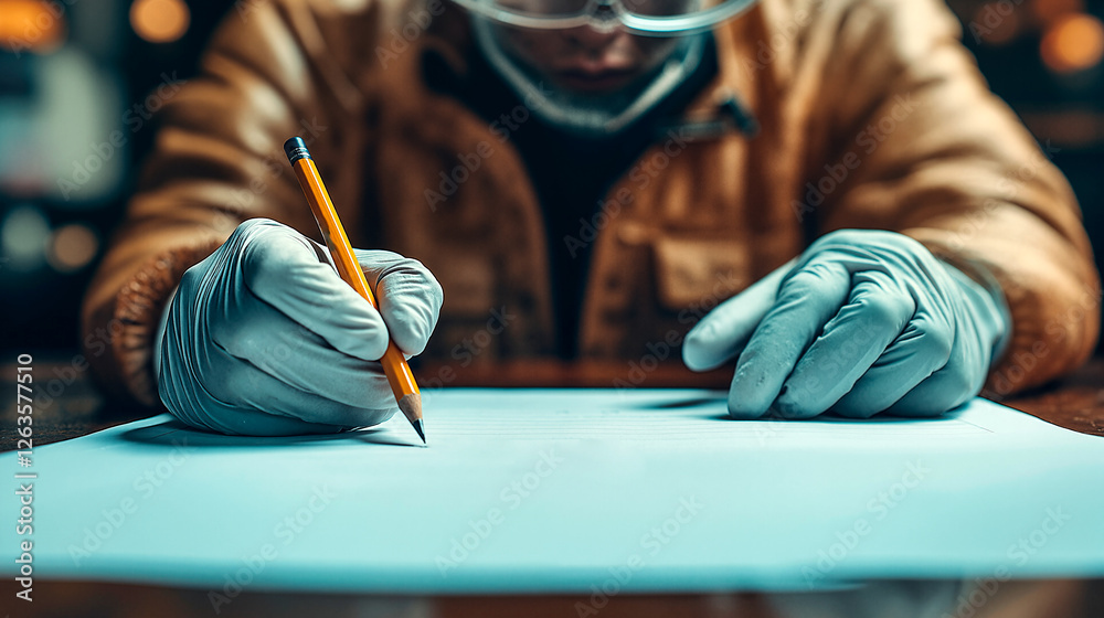 Fototapeta premium Scientist in mask writing notes in lab setting.