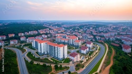 Aerial view of residential town development at sunset