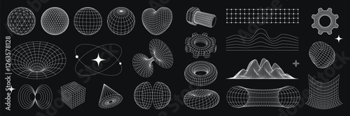 Futuristic 3D wireframe geometric shapes cyberpunk and psychedelic, sci-fi, Y2K icons set. Vector design elements on dark background.