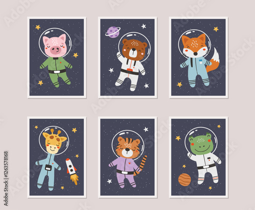Cute animals astronauts in space set. Cosmos cards, invitation, banner. Cosmonautics Day