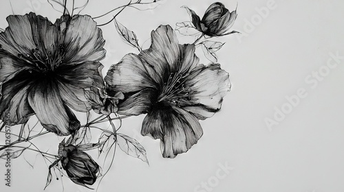   Black-and-white photo of three flowers on a white background with one in the center